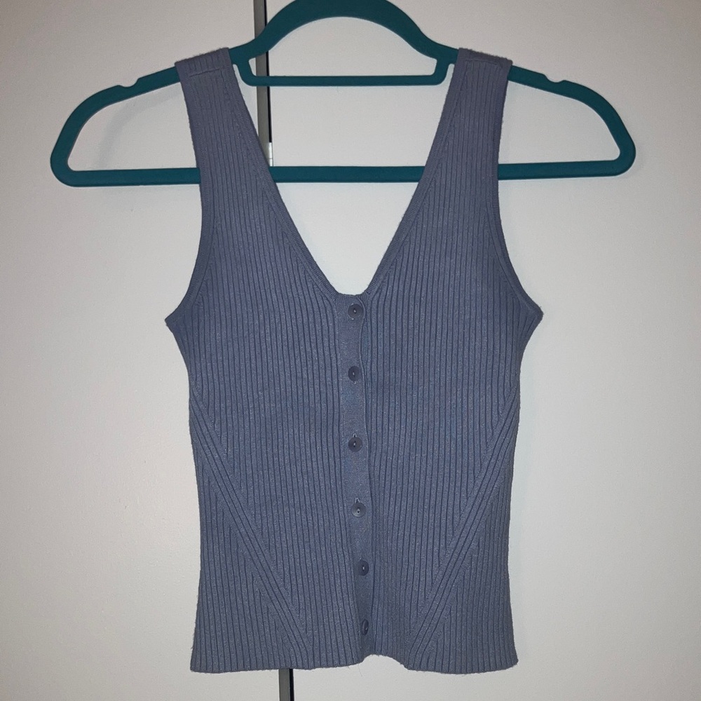 Madewell Slate-Blue Ribbed Button-Front V-Neck Tank